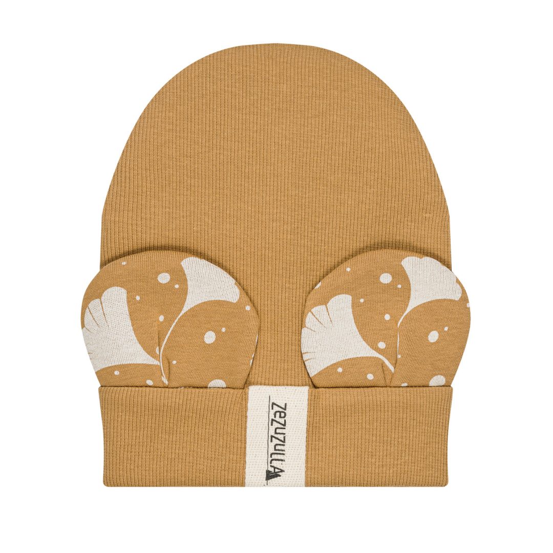 Dziecięca Czapka Prążkowana typu Beanie z Uszkami Musztardowa