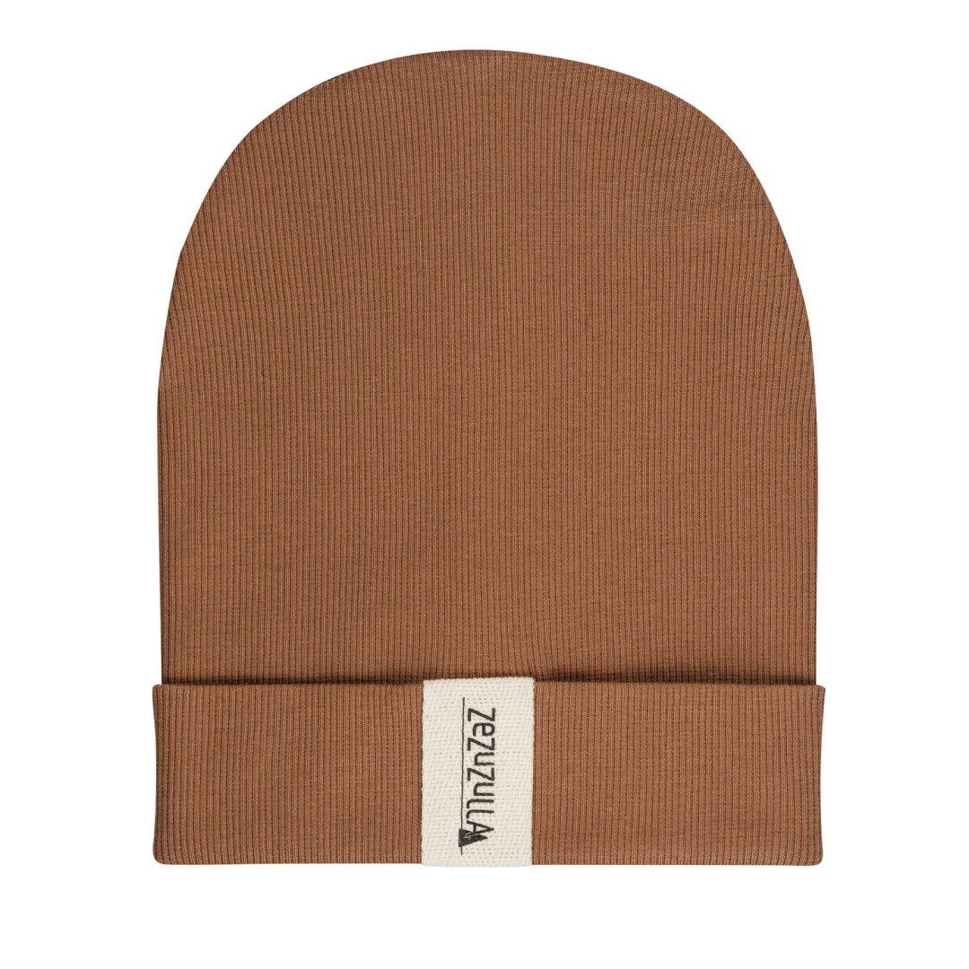 Dziecięca Czapka Prążkowana typu Beanie Jasnobrązowa