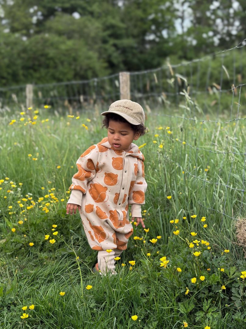 Baby Hooded Jumpsuit - Bear in Glasses on Beige Print
