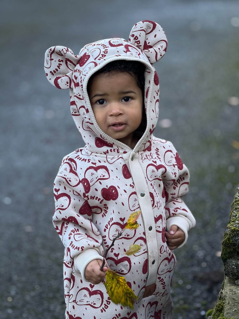 Baby Hooded Jumpsuit - Apple on Light Beige Print