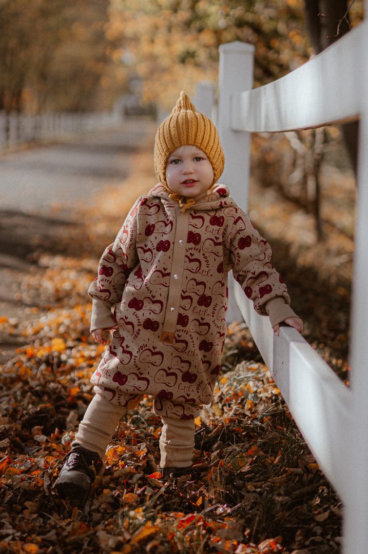 Baby Hooded Jumpsuit - Apple on Dark Beige Print