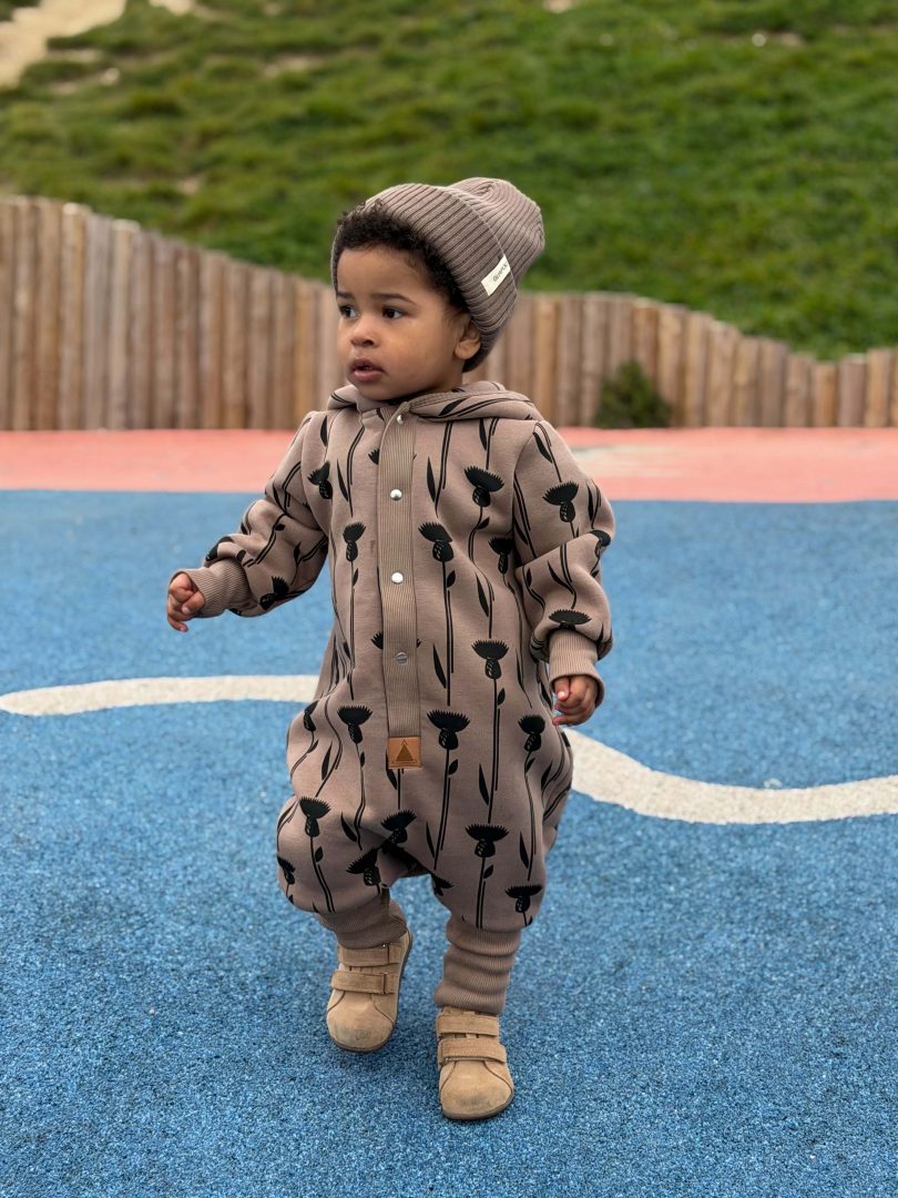 Baby Hooded Jumpsuit - Thistle on Brown Print