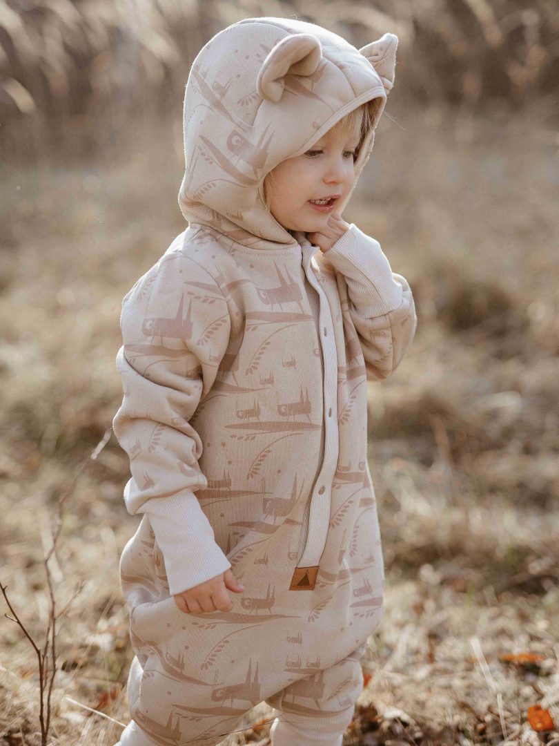 Baby Hooded Jumpsuit - Grasshoppers on Beige Print